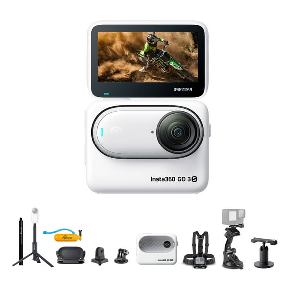 Insta 360 GO 3S (Blanc) 64 Go Petite Caméra d'Action Vlogging 4K Puissante, Portable, Montable Partout, Étanche, Stabilisation, + Pod d'Action et Accessoires Portables + Perche à Selfie + Kit d'Accessoires 50-en-1