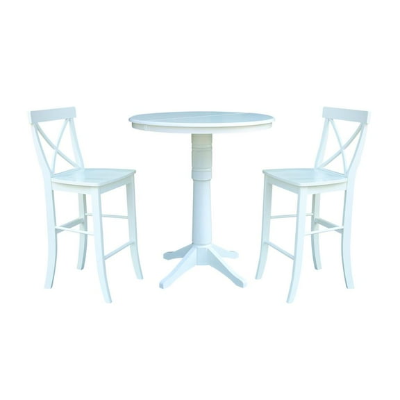 36" Round Bar Height Table with 12" Leaf and 2 X-back Stools – White - 3 Piece Set