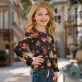 thumbnail image 3 of Xixirimido Black Fall Maple Leaf Pattern Girls Casual Long Sleeve Shirts Knot Tie-hem Tunic Tops Crewneck Tees Blouses Girls Fashion Clothes, Size 11-12, 3 of 7