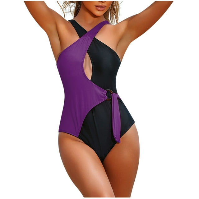 Trajes de Baño de Cuello Alto para las Mujeres, Correa de Bloqueo de Color de Moda, con Cojín de Pecho Traje de Baño sin Espalda