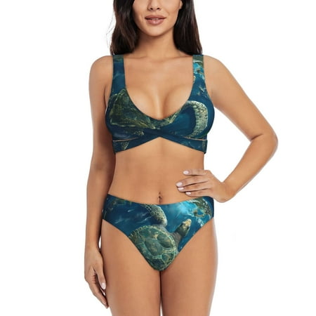 Zeuib Artistic Turtle Earth High Waisted Tummy Control Bikini Set - Knot Front Push Up Top & Cheeky Thong Bottom  Two-Piece Swimsuit for Women-Small