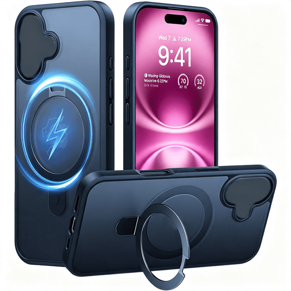 GJX Magnetic for Iphone 16 Case with Stand,Compatible with Magsafe,Angle-Adjustable Stand,3X Military-Grade Protection,Translucent Slim Phone Case for Iphone 16 6.1’’,Matte Black