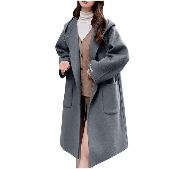 Hueook Winter Womens Warm Coat Hooded Jacket Women's Casual Hooded Solid Wool Coat Long Sleeve Hooded Casual Coat/jacket Gray S