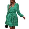 thumbnail image 1 of Vestido midi floral verde con escote en V, manga larga, corte A y lazo en la cintura para primavera/otoño, 1 of 8