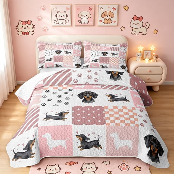 Manfei Cute Dachshund Dog Twin Quilt Set, Buffalo Plaid Twin Coverlet Set, Pink White, 2 Pieces, 1 Bedspread and 1 Pillowcase