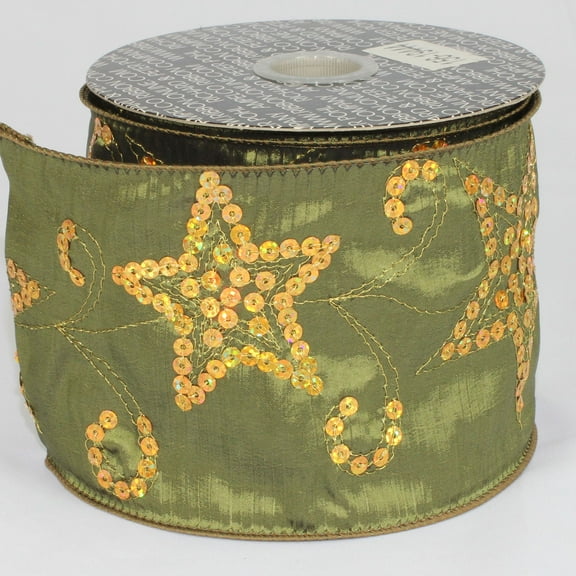 Green and Gold Sequined Stars Wired Craft Ribbon 4" x 20 Yards