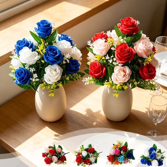 Artificial Rose Bouquet 12 Heads Fake Rose Flowers Arrangement Faux Floral Bundles for Home Dining Room Bedroom Living Room Tabletop Vase Decor Indoor