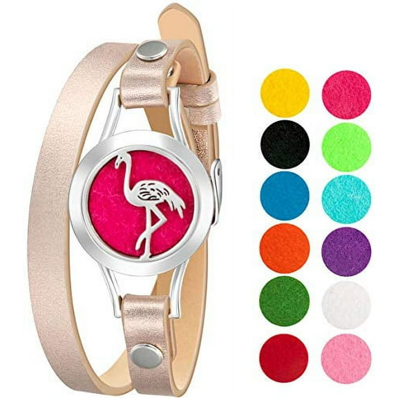 mEssentials Flamingo Essential Oil Diffuser Bracelet, Stainless Steel Aromatherapy Locket, Leather Band with 12 Color Pads, Womens Jewelry Gift Set