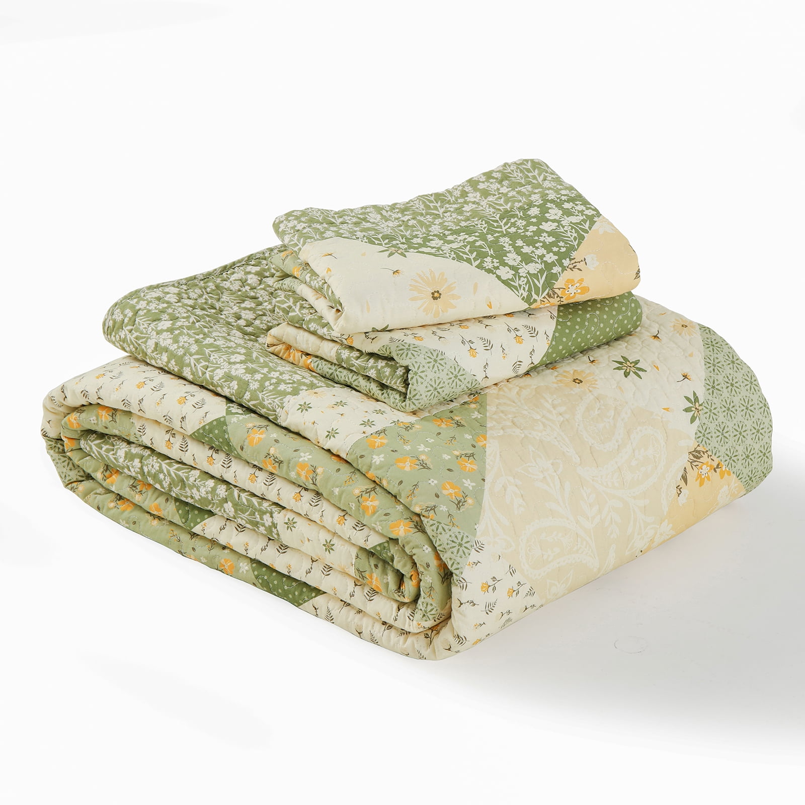 PANGUSHAN 100% Cotton 120"x120" Oversized California King Bedspread Coverlet Quilt Set, Cal King Quilted Bedspread Extra Large Wide Quilt, Floral XL Bed Spread Lightweight Comforter, 3pc, Green/Cream