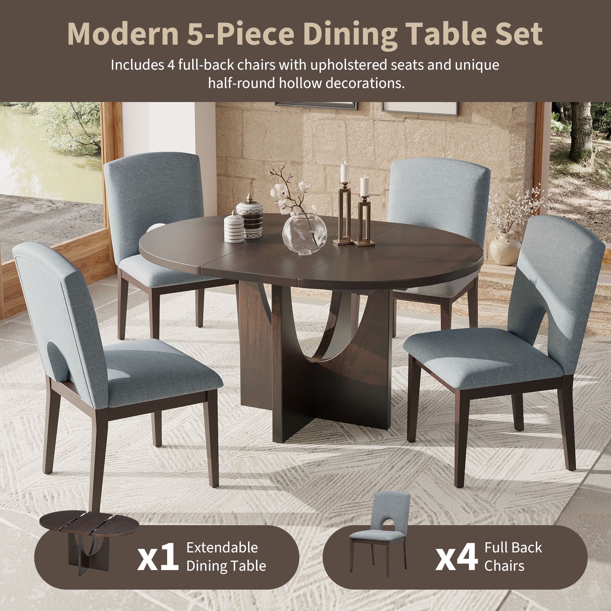 Harper & Bright Designs 5 Pieces Extendable Round Dining Table Set for 4, Modern Kitchen Dining Table with Removable Leaf and 4 Upholstered Chairs for Dining Room, Espresso+Gray