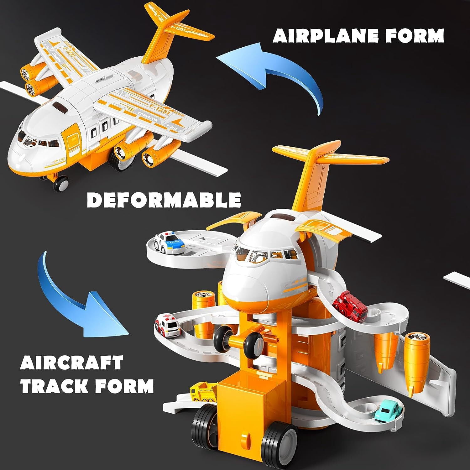 Airplane Toy,Transport Cargo Airplane Toys Music and Airplane Car Toy Play Set, with Vehicle Car Toy 1 Map 1 Barricade for 3+ Yellow
