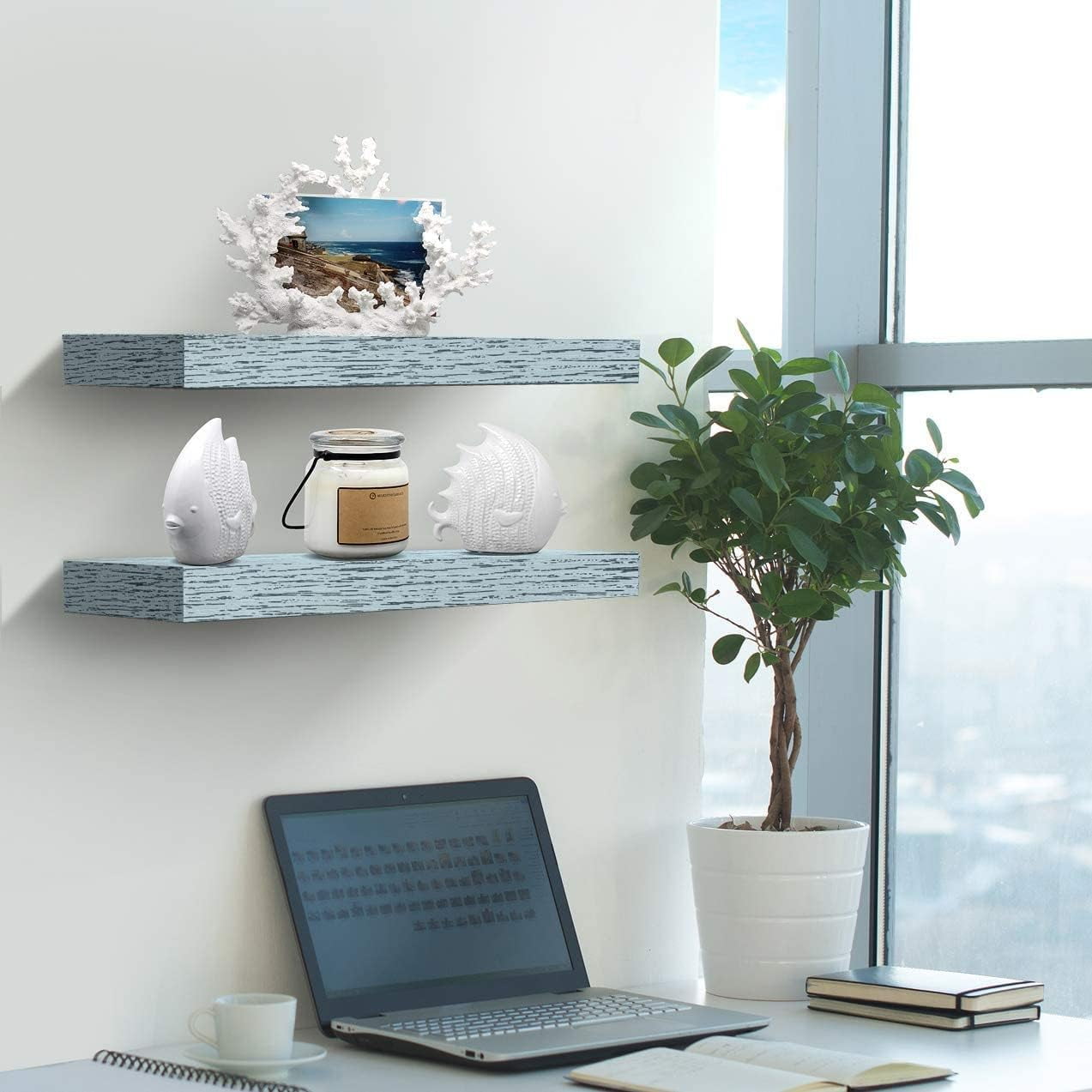 Sorbus 16.25" Blue Rustic Floating Shelves (Set of 2) – Wall Storage for Décor, Frames, Trophies
