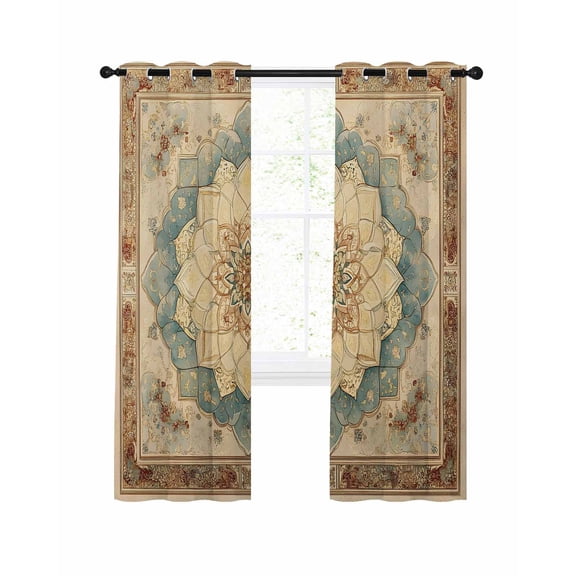 Brown Teal Floral Blackout Curtains, Light Blocking Print Window Curtains, Vintage Botanical Ethnic Boho Thermal Insulated Window Drapes for Living Room Kitchen Cafe 2 Panels, 104"W x 84"L