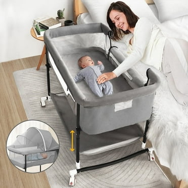 Baby Bassinet, Caveen 4 in 1 Adjustable Infant Bedside Crib Beds with Changing Table, Storage Basket, Wheel, Mosquito Net, for 0-24 Months, Gray