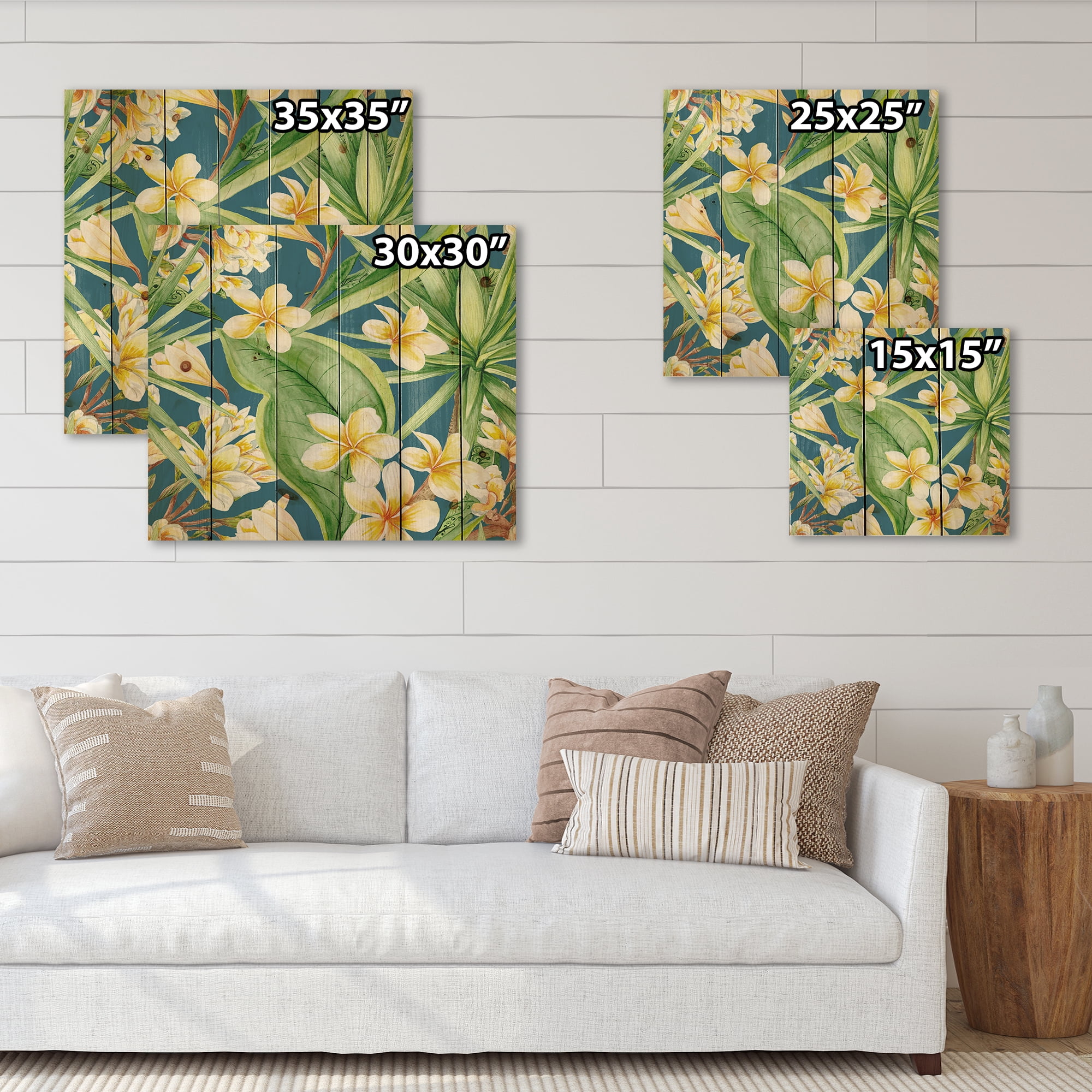 Designart 'Yellow Flowers and Tropical Foliage XV' Modern Print on Natural Pine Wood