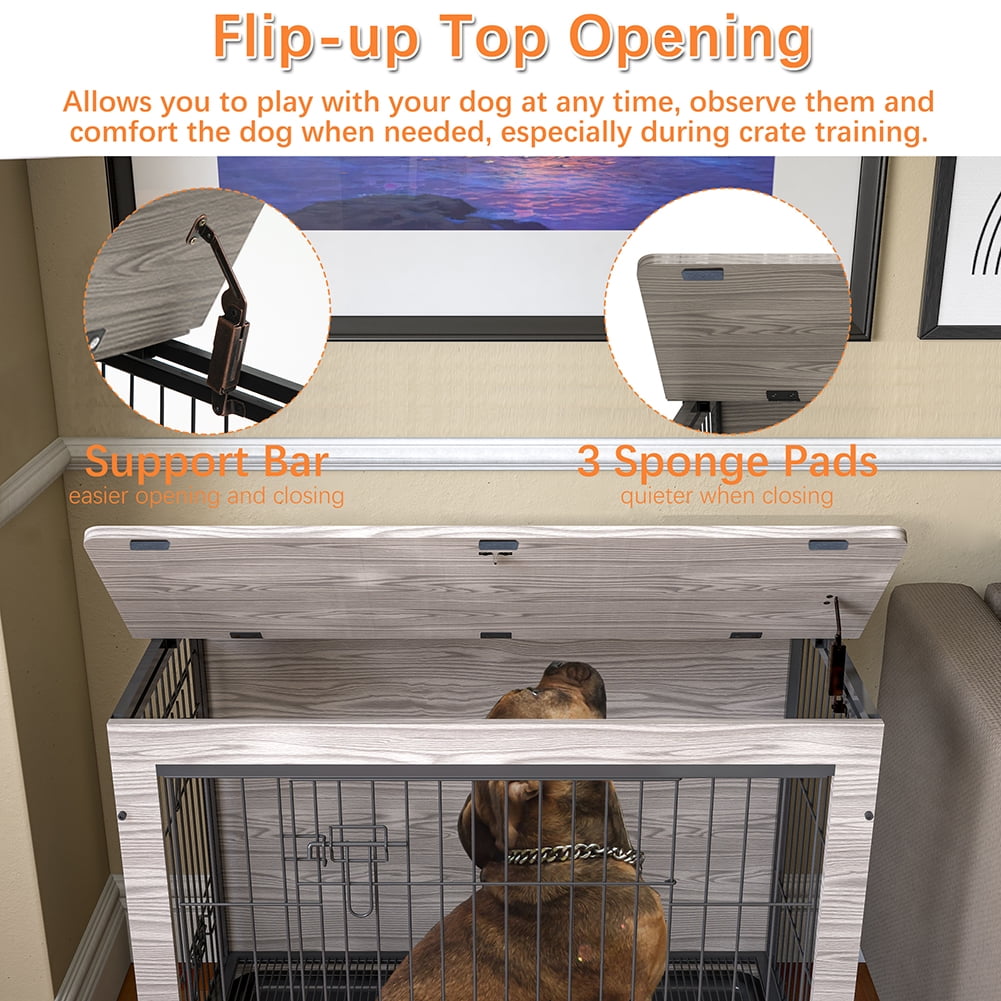 Kadyn Modern Kennel for Dogs Indoor up to 80 lb, Dog Crate Furniture, Side End Table, Heavy-Duty Dog Cage with Multi-Purpose Removable Tray, Double-Door Dog House, Gray