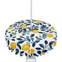 Outdoor Tablecloth with Umbrella Hole and Zipper Lemon Round Tablecloths 60 Inch Waterproof Outside Table Cloths Floral Fruit Blue Leaf Patio Table Cloth Cover for Outdoor Tables Picnic Garden