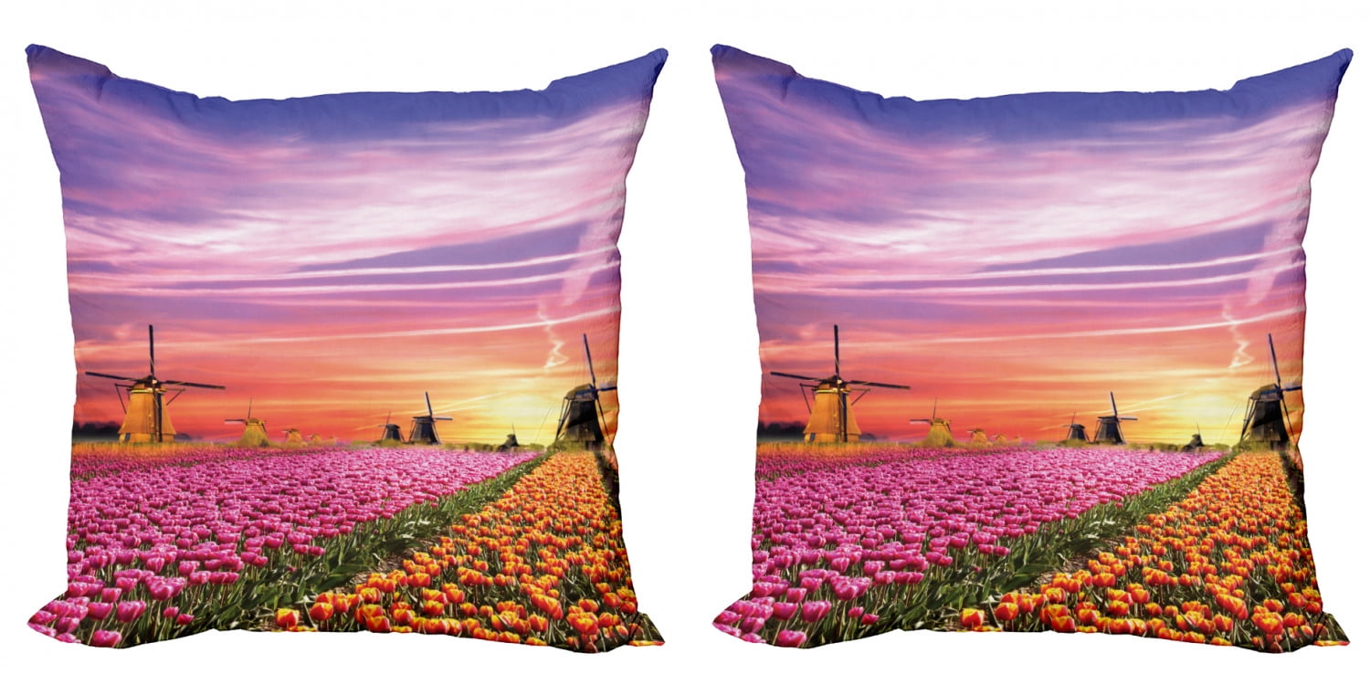 Nature Throw Pillow Cushion Cover Pack Of 2 Tulip Fields And Windmills In European Landscape With A Sunset Sky View Zippered Double Side Digital Print 4 Sizes Orange Pink Purple By Ambesonne