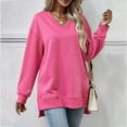 thumbnail image 4 of Jewelreauty Women Solid Color V Neck Sweatshirts Long Sleeve Pullover Slit Tops Fashion Loose Fitting Hoodless Blouses (M, Hot Pink), 4 of 5
