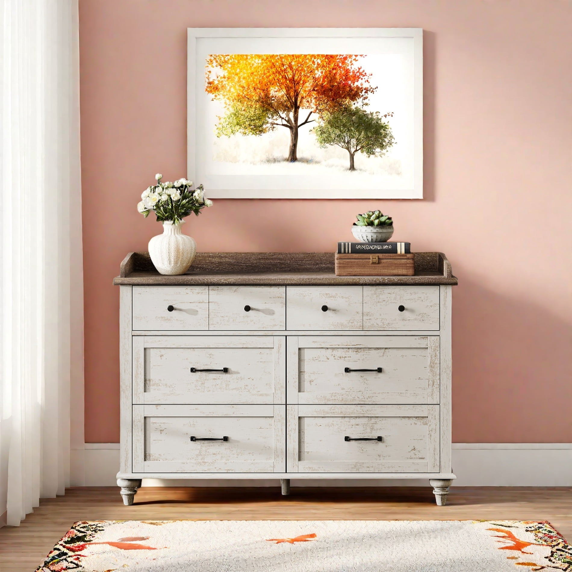 Mid-Century Modern TV Entertainment Center for 60" TVs, Wooden Media Console Table with 6 Drawers, Antique White