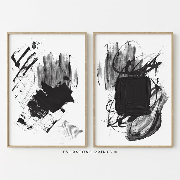 Luvia Black Abstract Art, Black And White Abstract Art, Gallery, Minimal Set Of 2, Modern Wall Decor Set 2 Prints 8x12 UNFRAMED
