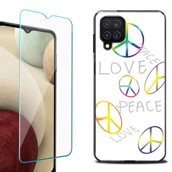 Slim-Fit Flexible TPU Gel Phone Case (black) for Samsung Galaxy A12, with Tempered Glass Screen Protector, by OneToughShield ® - Love/Peace