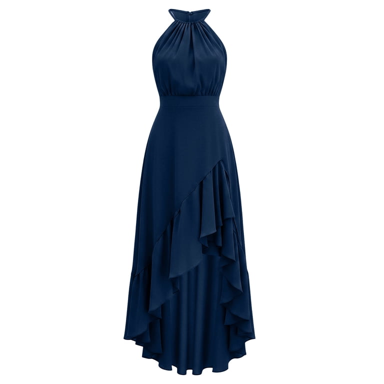 casual high low summer dresses Uscallm Women's Sleeveless High Low Maxi Dress Ruffle Flowy Halter Neck Boho Beach Vacation Summer Casual Sundress, Navy L, Size: Large, Blue