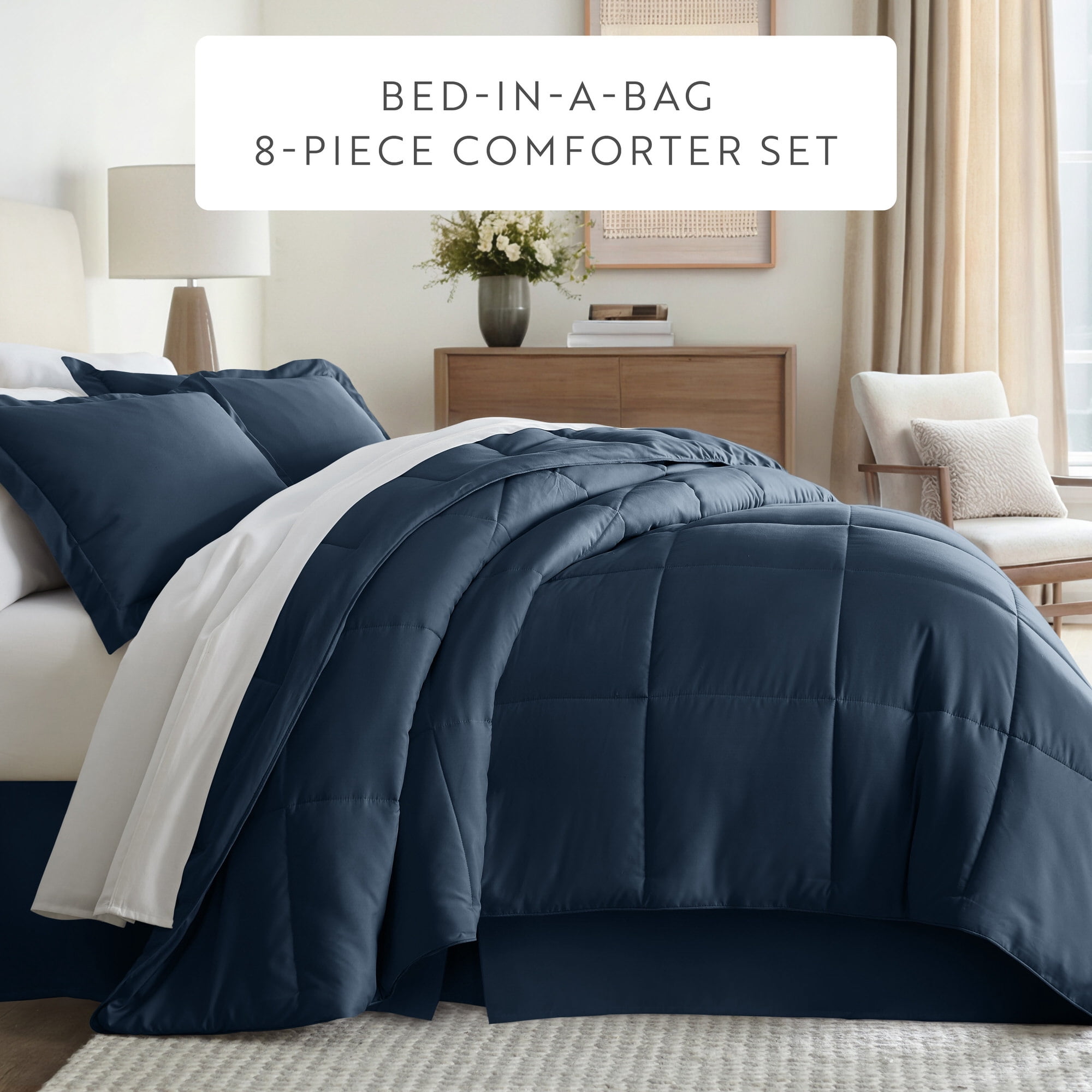 Noble Linens 8-Piece Navy Bed in a Bag Microfiber Bedding Set, Full
