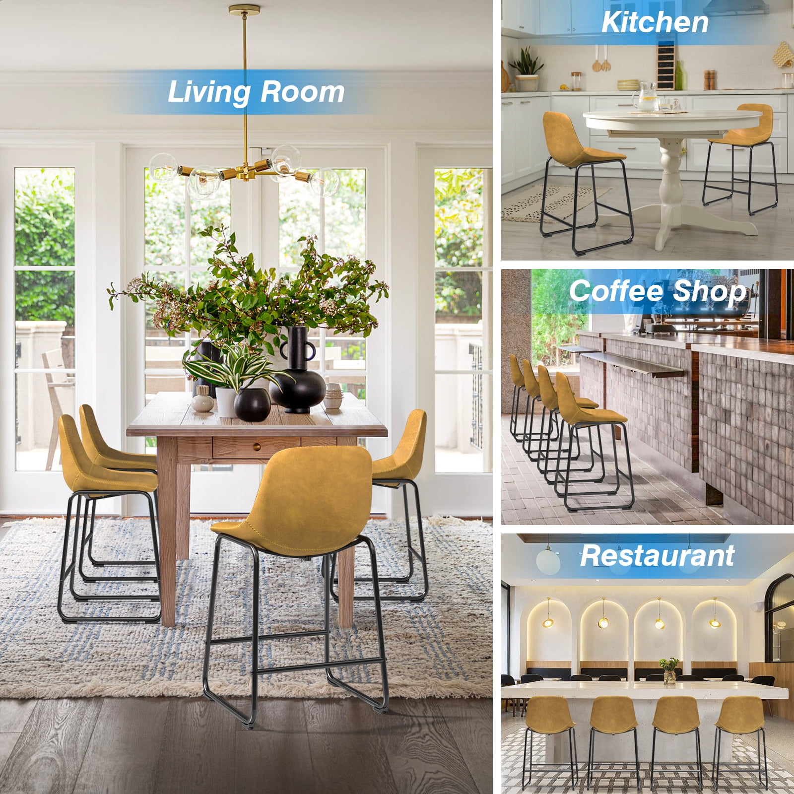 TAVR 24" Bar Stools Set of 2 with Back, Faux Leather for Home, Kitchen, Yellow