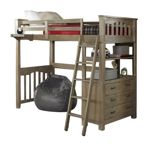 Hillsdale Highlands Wood Twin Loft Bed with Hanging Nightstand in Driftwood