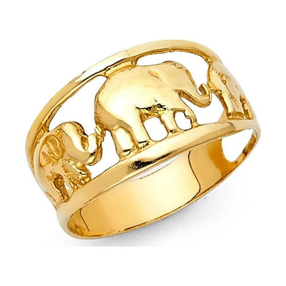 Three Elephants Ring Solid 14k Yellow Gold Good Luck Charm Band Polished Design Genuine 10MM Size 7