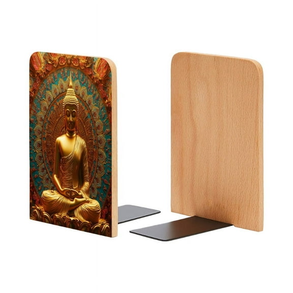 Bookends 1 Pair Non-Skid Bookend Wood Bookends for Shelves Book Stand for CDs - Golden Buddha Statue With Colorful Mandala Background