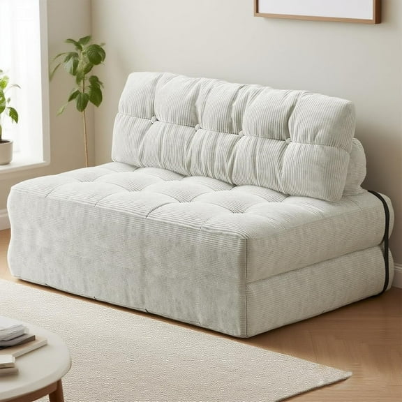 Folding Sofa Bed, Floor Folding Couch with Pillow, Futon Sofa Bed Convertible Sleeper Chair Foldable Mattress Back Support, Portable Fold Out Couch, Full, Corduroy, Beige