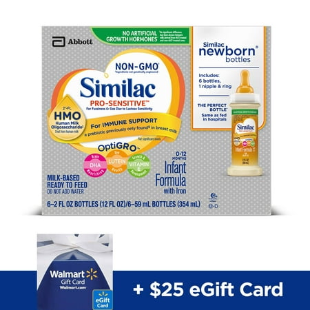 Free $25 Walmart eGift Card with purchase of Similac Pro-Sensitive Infant Formula with 2’-FL HMO for Immune Support, Ready to Feed Newborn Bottles, 2 fl oz (Pack of