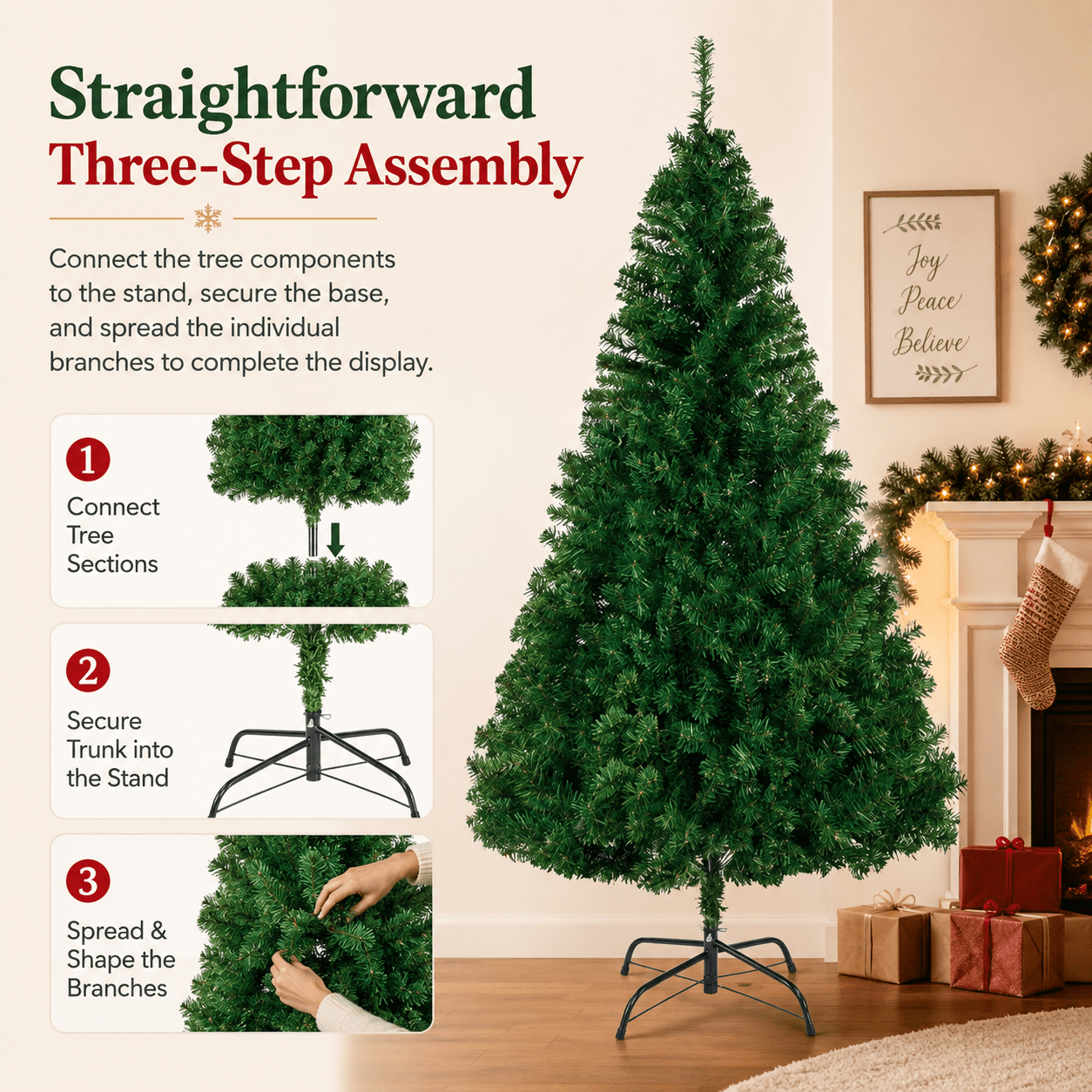 Alvantor 7 ft Unlit Artificial Christmas Tree with 1100 PVC Branch Tips and 3-Screw Metal Stand, Green