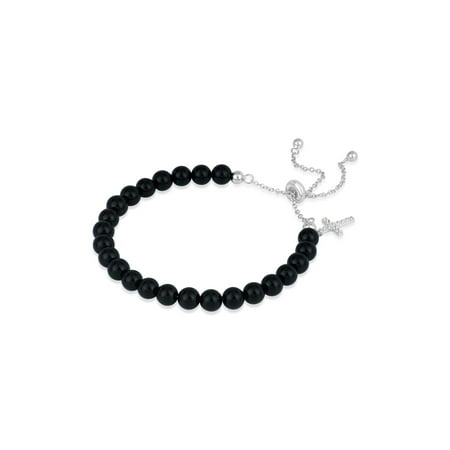- Onyx Beads and CZ Sterling Silver Rhodium-Plated 6mm Beads Dangling Cross Bolo Bracelet