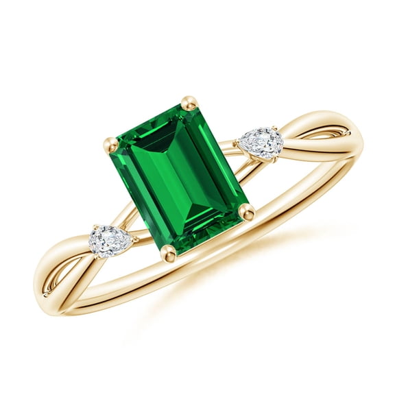 ANGARA Lab Grown 1 Ct Nature Inspired Emerald Side Stone Engagement Ring for Women in 14K Yellow Gold (Size-7x5mm) | May Birthstone, Anniversary, Jewelry Gift for Women | Lab-Grown Emerald Ring
