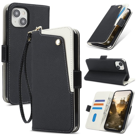 Sanwo Flip Wallet Case for iPhone 15,Lychee-Texture PU Leather Shockproof Cover with Card Slot & Lanyard,Black