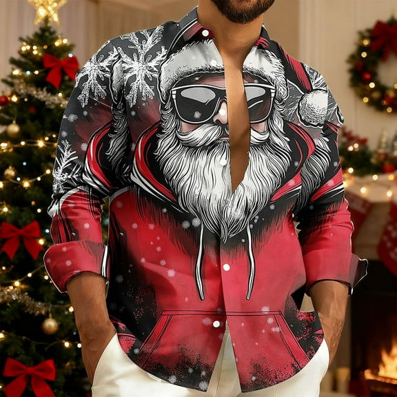 Fznquz Button Up Shirt Men Long Sleeve Red Christmas Button Down Shirts Xmas Print 2025 Big and Tall Mens Clothes