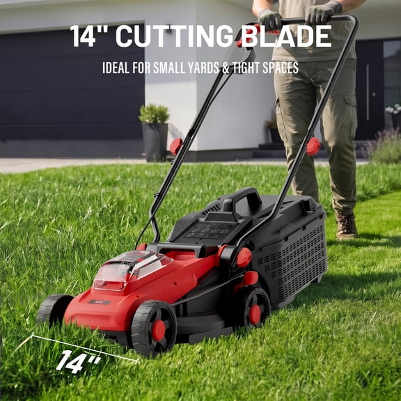 MZK 20V 14" 2-in-1 Brushless Push Cordless Lawn Mower with 5 Height Settings, Includes 2 Batteries & Charger