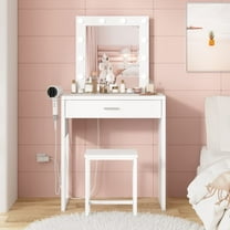 VEANERWOOD Makeup Vanity Set with Lighted Mirror Vanity Table with Drawer & 10 LED Lights, Brightness Adjustable, 27.6in(L), White