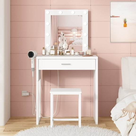 VEANERWOOD Makeup Vanity Set with Lighted Mirror Vanity Table with Drawer & 10 LED Lights, Brightness Adjustable, 27.6in(L), White