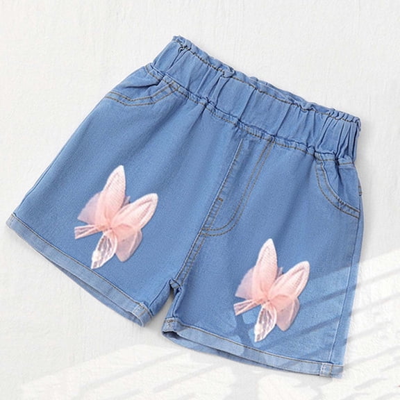 Girls Light Blue Denim Shorts with Butterfly Embroidery, Elastic Waist Play Shorts with Pockets for Kids Kids,Size 6 T