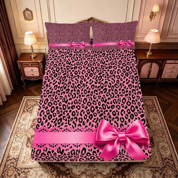 Manfei Wild Cheetah Animal Pattern Fitted Sheet Full,Pink Coquette Bowknot Bed Set,3 Pieces,1 Fitted Sheet and 2 Pillowcases