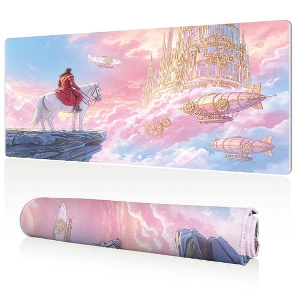 LIVEKEY Extra Large Mouse Pad 80x40x0.3cm Fantasy Sky Rider on White Horse with Floating Castle and Airships Design Full Desk Coverage Non Slip Durable Easy Clean Stitched Edges for Gaming and Office