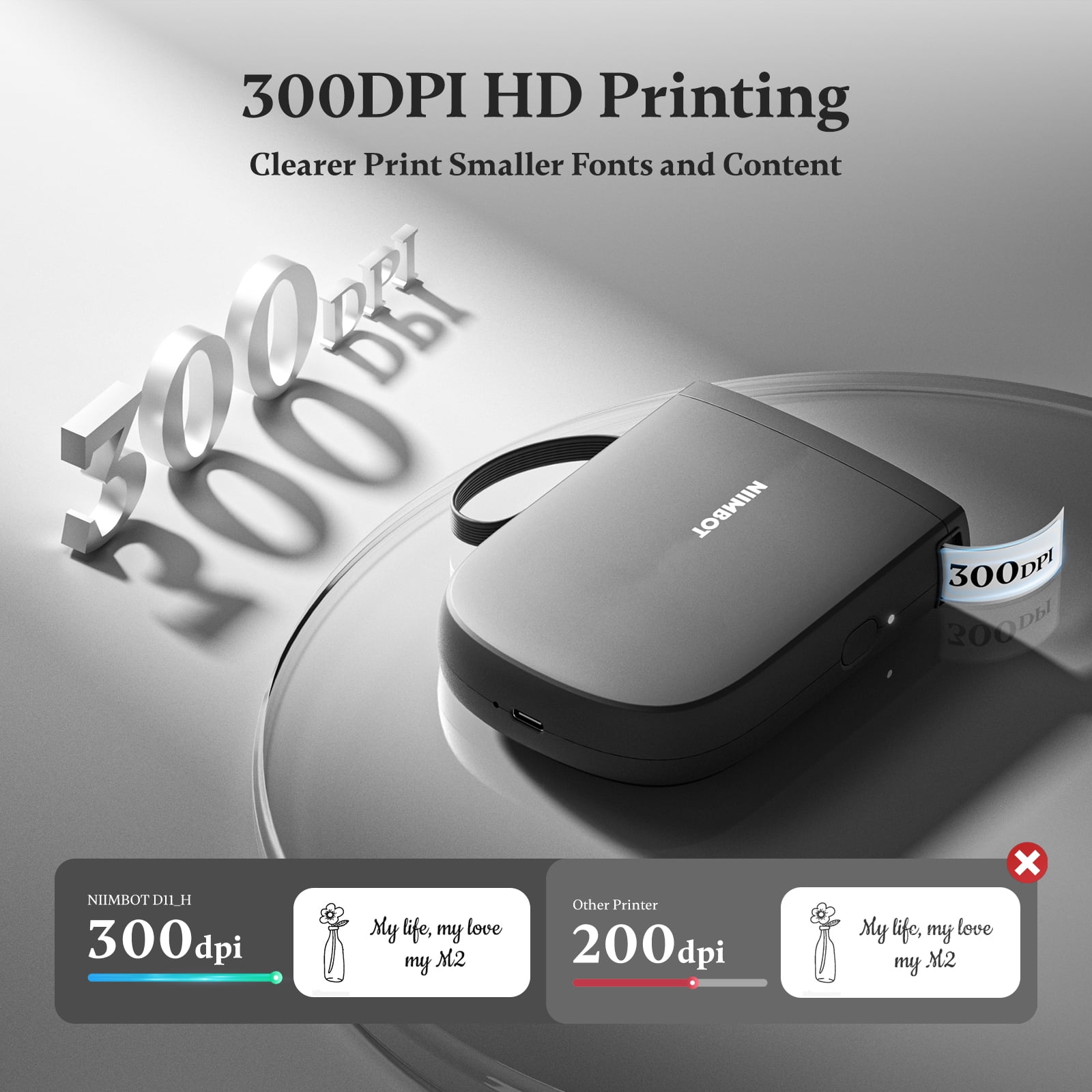 NIIMBOT D11 Upgraded HD 300 dpi Label Maker Mini Bluetooth Wireless Label Printer Inkless Labeler Rechargeable（Black)