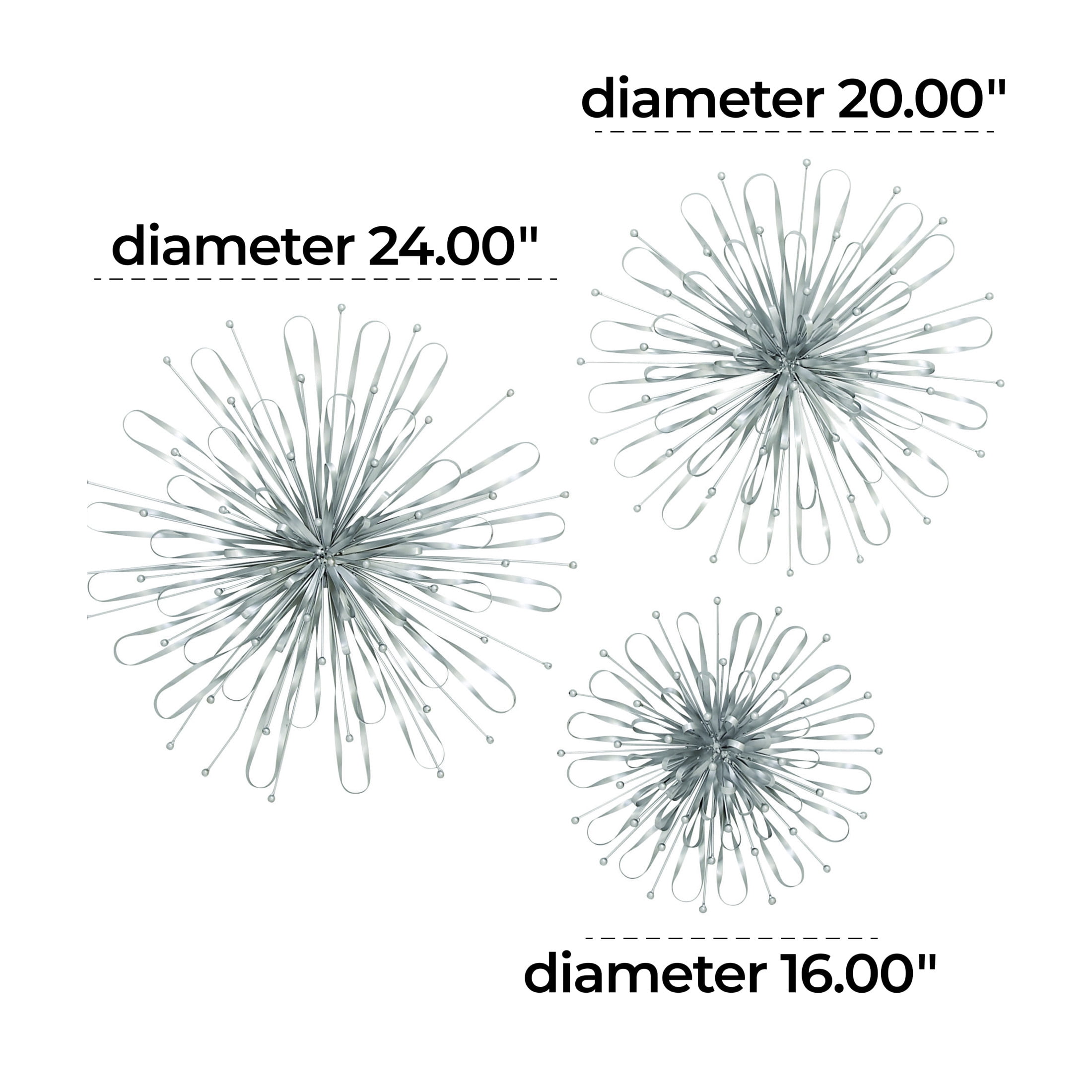 DecMode Silver Metal 3D Looped Floral Starburst Wall Decor with Orb Details (3 Count)