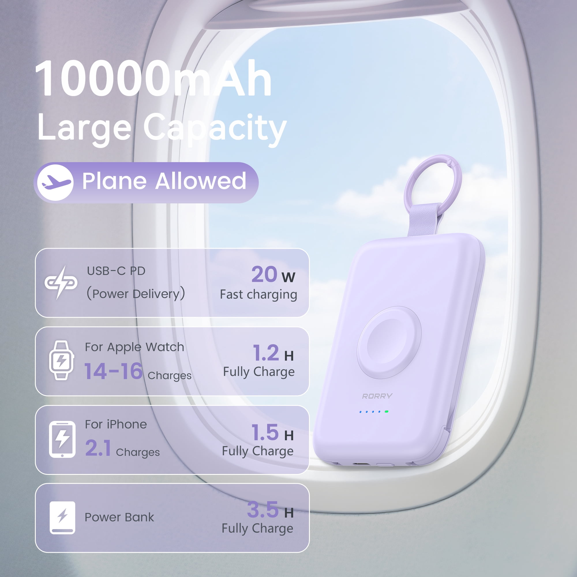 RORRY 10000mAh Portable Charger with Built-in Cables, 20W Fast Charging Power Bank Compatible with iPhone 17/16/15/14, Apple Watch,Samsung & Android Phones,Purple with Purple Keychain