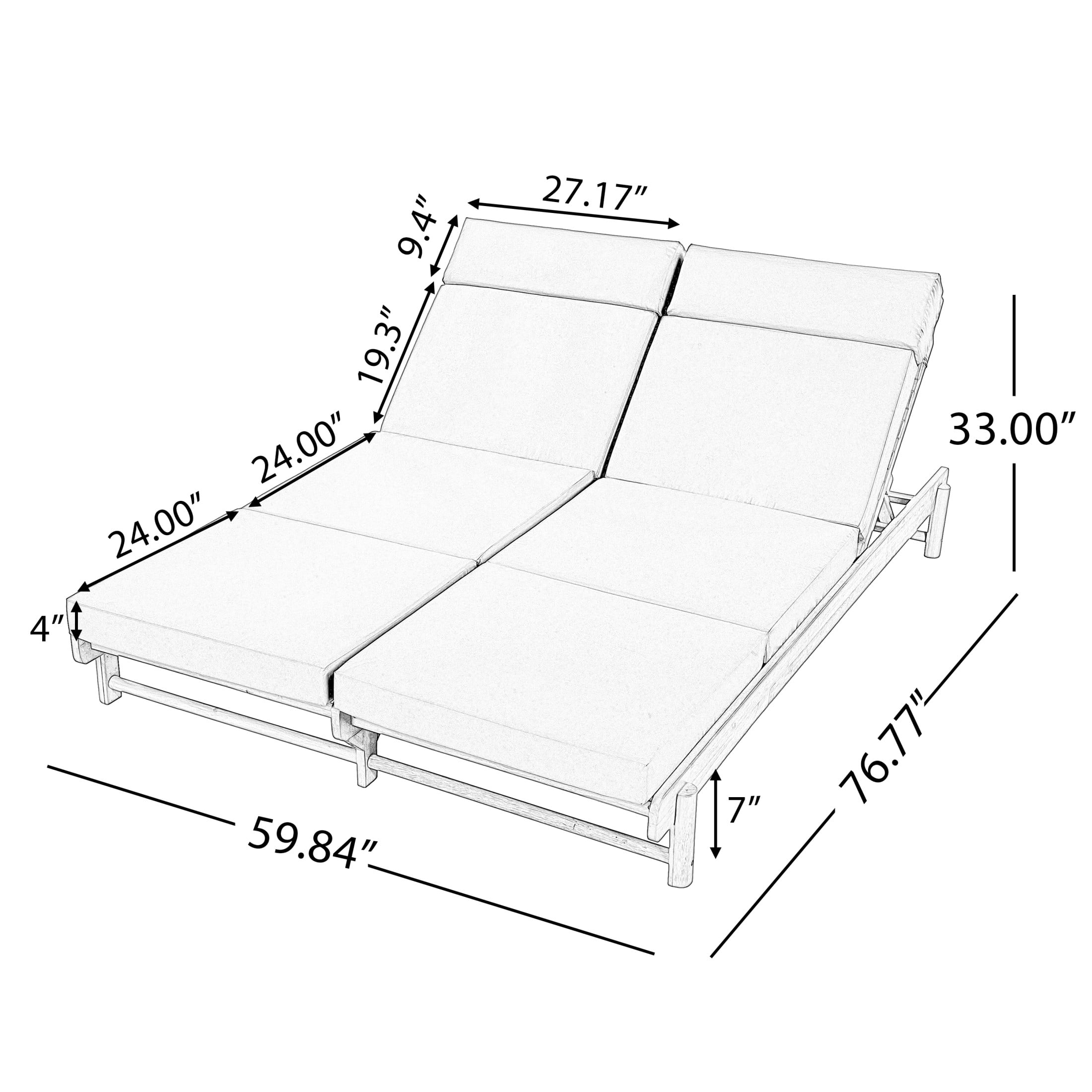 Christopher Knight Home Outdoor Adjustable Double Chaise Lounge with 4-Fold Cushions, Light Teak + Dark Gray