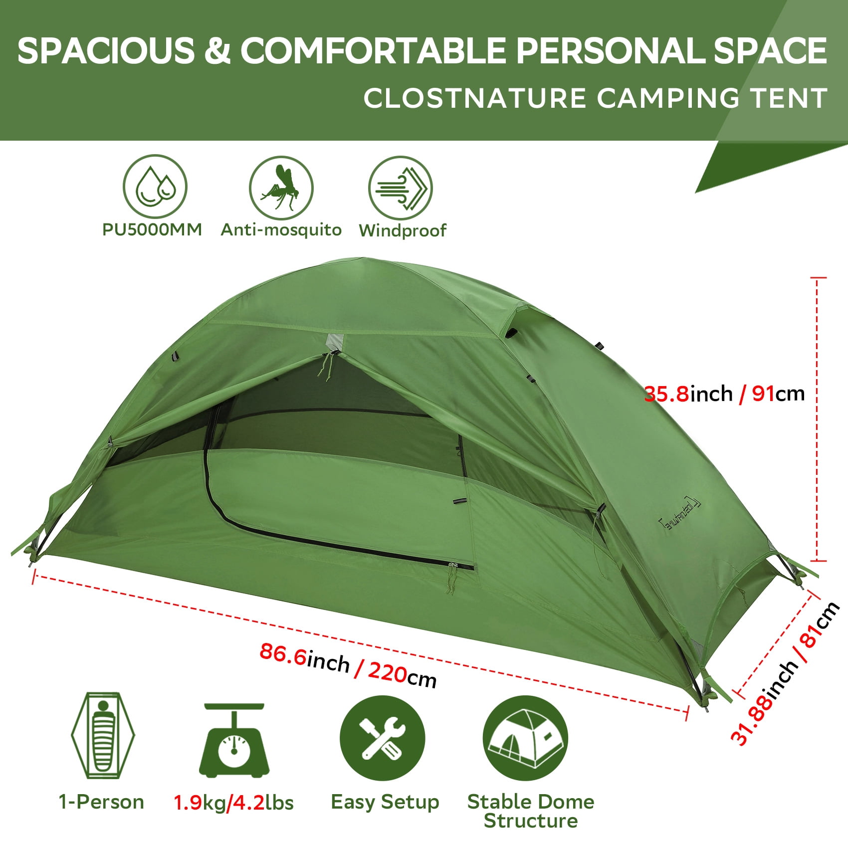 Tesleader Lightweight 1-Person Backpacking Tent, 3 Season Ultralight Waterproof Camping Tent, Green